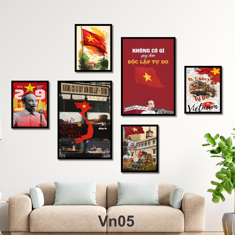 Set 6 tranh VIỆT NAM và BÁC tranh formex trang trí cơ quan trường học nhà cửa quán nước thể hiện tinh thần yêu nước kèm sẵn keo dán tranh dày 5mm chống nước dễ vệ sinh Táo Decor