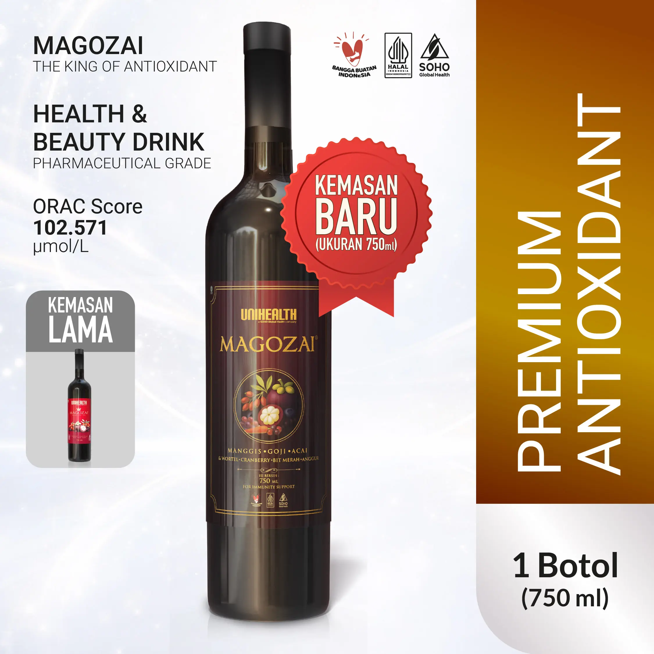 Premium Antioxidant (non Astaxanthin) - Superfruit dengan kandungan ekstrak buah manggis, goji berry & açai berry Score ORAC 102.571 mikromole/liter - Magozai - 1 botol @750