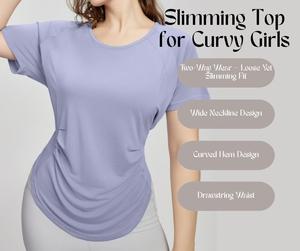 Slimming Top for Curvy Girls – 2-Way Wear Plus Size Short-Sleeve T-Shirt, Loose Casual Yoga Workout Tee [YA25C]