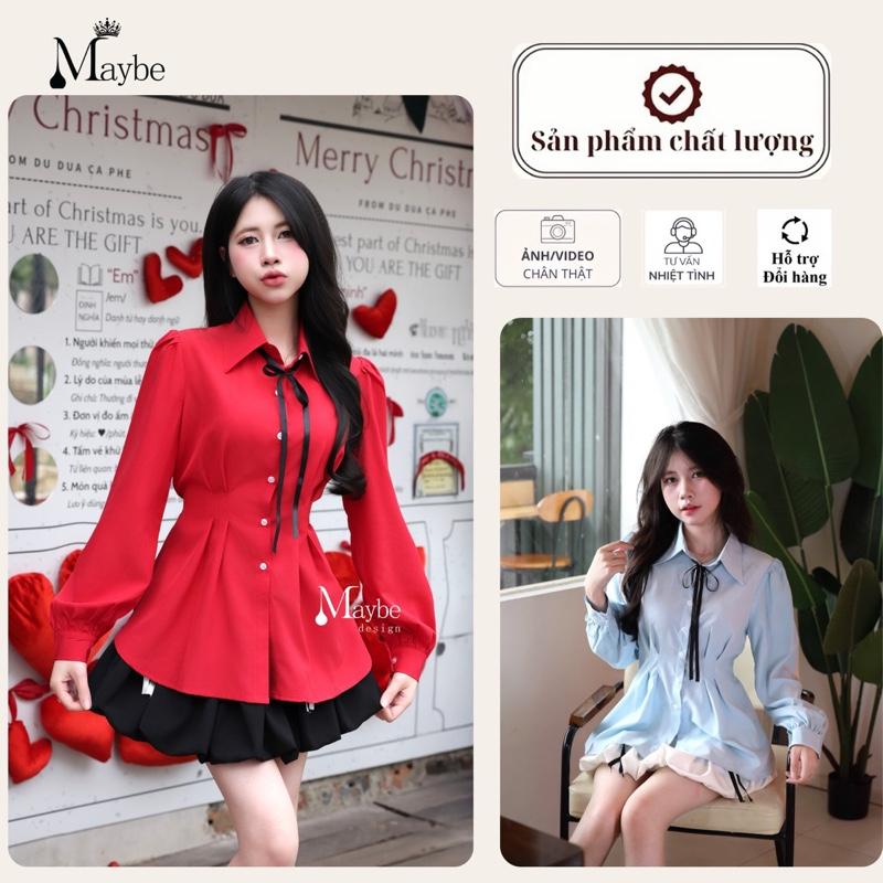  Áo Sơ Mi Thô Lụa Nữ Kiểu cách Sơ Mi Tay Bồng Cổ Đức Thiết kế Chiết Ly Eo xoè chân Áo  SƠ MI DÀI TAY  