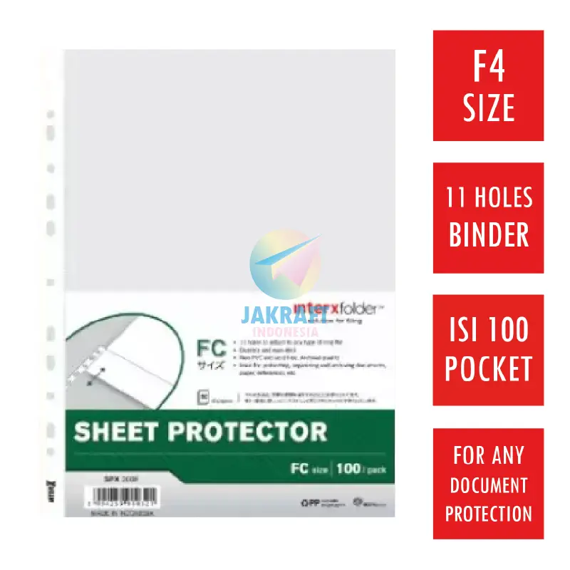 (100 Pcs) Sheet Protector INTERX F4 FC Folio 0.05 mm PP Pocket Kantong Document Ordner Binder Bantex 0