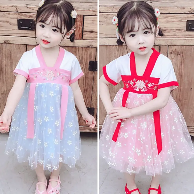 1-8Years Children Girls Ancient Costume Chinese Style Short Sleeve Dress Super Fairy