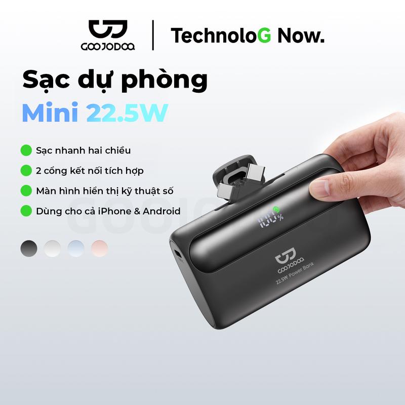 Sạc dự phòng Mini 22.5W,Dung lượng 10000mAh,Sạc nhanh 2 chiều ,2 cổng kết nối tích hợp,Màn hình hiển thị kĩ thuật số ,Dùng cho cả Iphone và Android