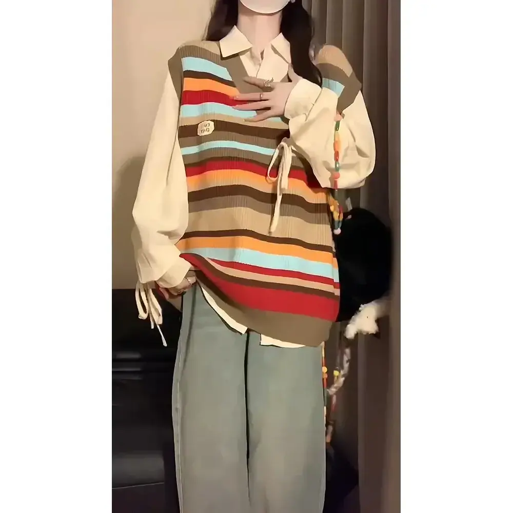 Áo Khoác Đầu Thu, Phong Cách Hàn Quốc, Một Mảnh, Phong Cách Preppy Nhật Bản, Sọc Màu Tương Phản, Mềm Mại Và Dính, Cổ Chữ V, Áo Vest Dệt Kim