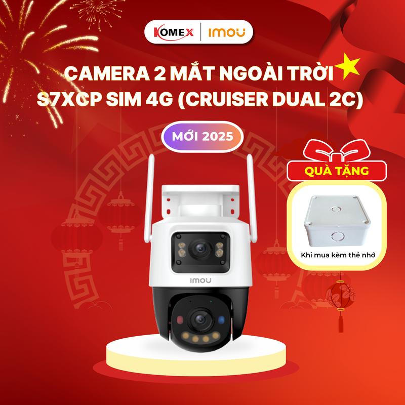 (Mới) Camera 4G ngoài trời 2 mắt Imou S7XCP 6MP (Cruiser Dual 2C) dùng Sim 4G, Xoay 360 độ, Cảnh báo kèm còi và đèn Led, Thu phóng 8x, Nháy xanh đỏ 110dB, Phát hiện người/xe, Đàm thoại 2 chiều - Imou Komex Store