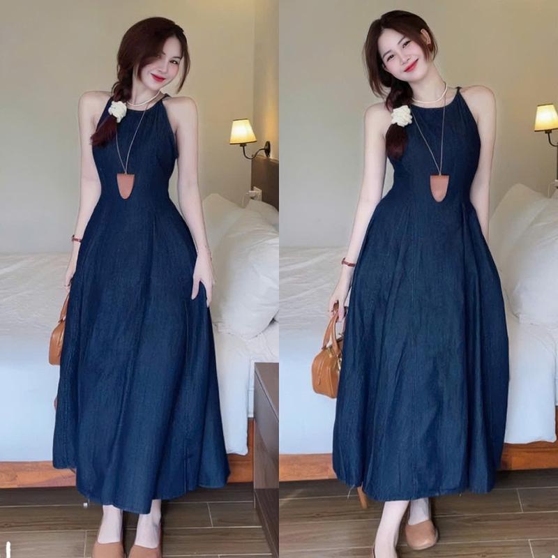 Đầm váy nữ jean lụa mềm thiết kế 2 dây cổ tròn dáng dài xinh xắn sang chảnh dành cho nàng diện di chơi,di tiệc.