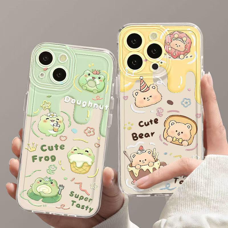 Ốp lưng trong suốt chống ố vàng chống rơi họa tiết ếch con kem và gấu con bơ phong cách minh họa ngọt ngào, tương thích với các dòng iPhone