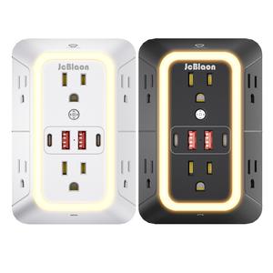 Paquete de 2 extensores de toma de pared con luz nocturna, 6 tomas de CA y 4 puertos de carga USB, regleta con protector contra sobretensiones de 1050 J, adaptador de múltiples enchufes para hogar, viaje y oficina (negro y blanco).