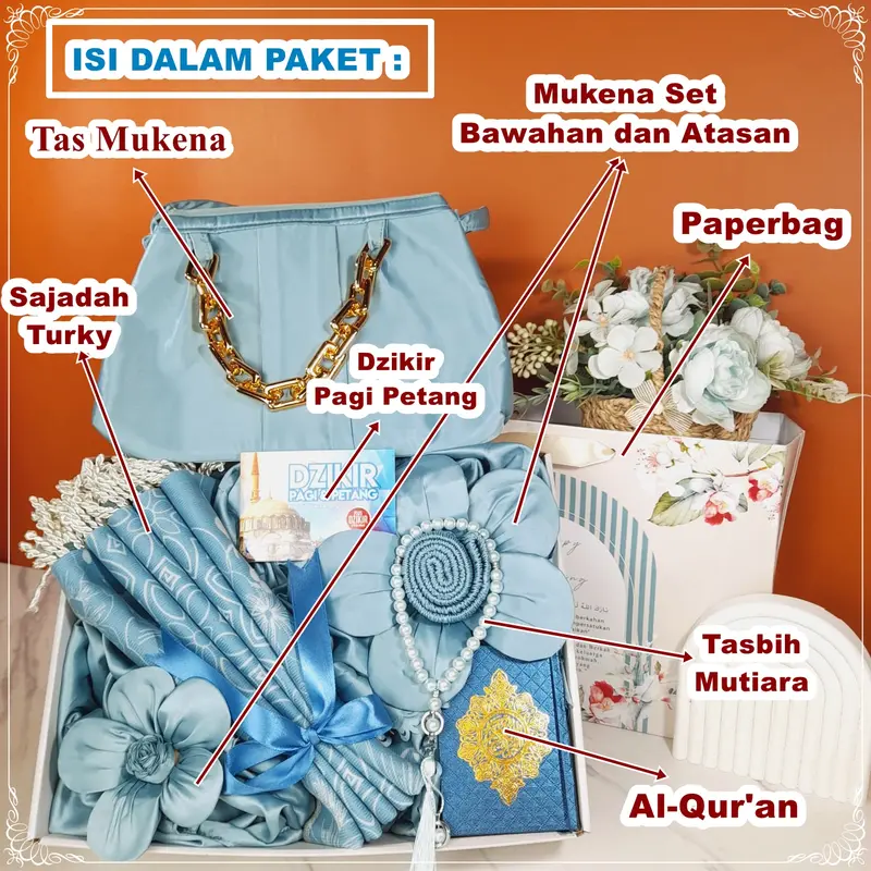 Seserahan Pernikahan / Seperangkat Alat Sholat Mahar / Kado Pernikahan / Hantaran Pernikahan / Mukena Set Complite Plus Sajadah Hampers Mutiara Tasbih Sarung Muslim 1