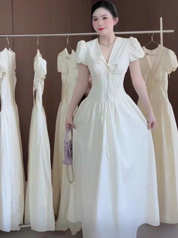 D852 (TÁO ĐỎ BIGSIZE 55-90KG) ĐẦM BIGSIZE CỔ V THẮT NƠ TAY PHỒNG DÁNG DÀI