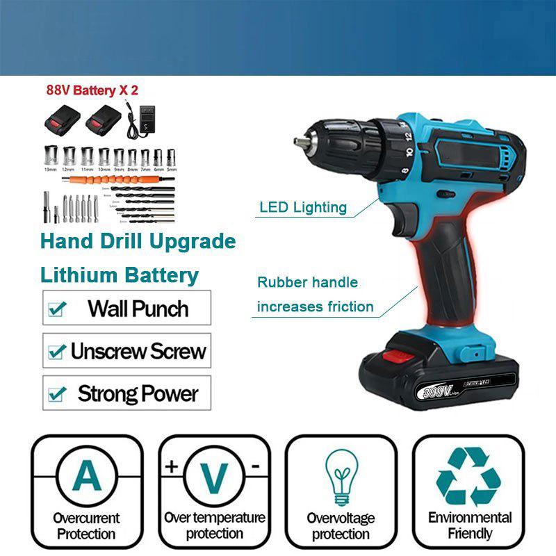Cordless Impact Drill Screwdriver Full Set 2 Battery Hammer Drill 3 Mode 4080v 2 Speed With LED Light Work Cordless Impact Drill Screwdriver Full Set 2 Battery Hammer Drill 3 Mode 4080v 2 Speed With LED Light Work