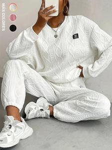 Conjunto de dos piezas para mujer con sudadera de hombro caído y parches sólidos & pantalones con cintura elástica, moda casual y cómoda con cuello redondo y manga larga, ideal para uso diario, atuendos de dos piezas para otoño e invierno