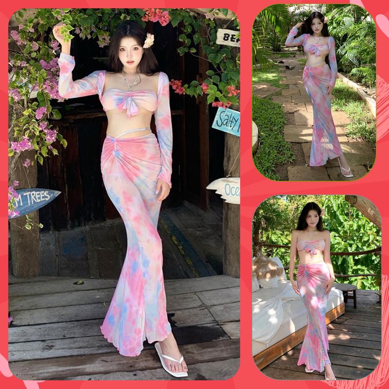  Set bikini tiểu thư bánh bèo 4 chi tiết kèm chân váy dài kèm áo dài tay màu loang hồng cá tính HỒNG DÀI XÍCH CHARM 