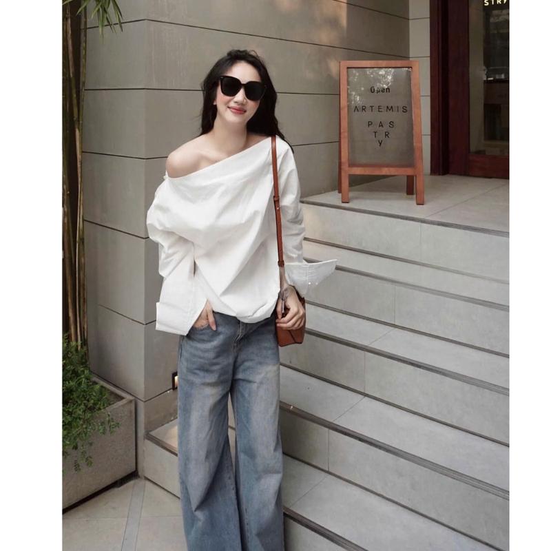 [M03] Áo Sơ Mi lệch vai dáng rộng 2 màu đen, trắng - Thiết kế oversize hiện đại, form rộng thoải mái. ÁO NỮ