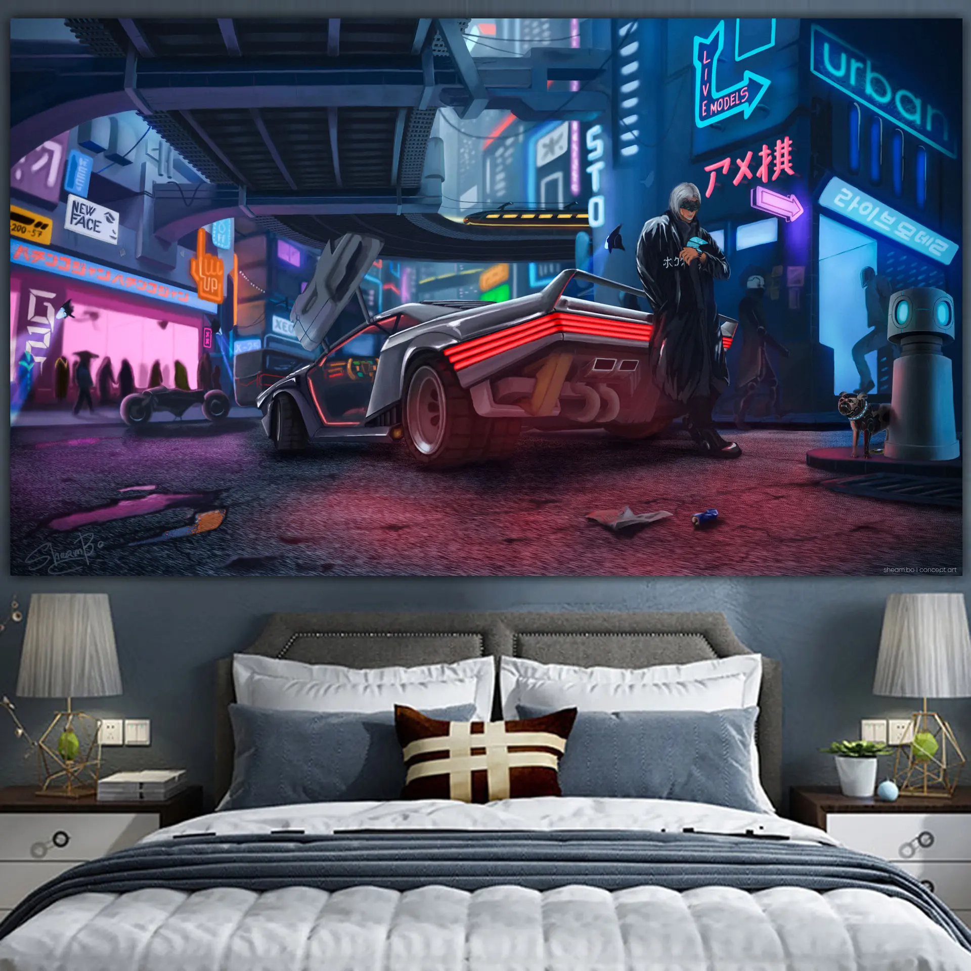 Kain Latar Cyberpunk 2077 Poster Dekorasi Pemandangan Malam Bar INS Lukisan Dinding 200x150cm High Resolution Warna Cerah Anti Pudar Bahan Engineering Cloth