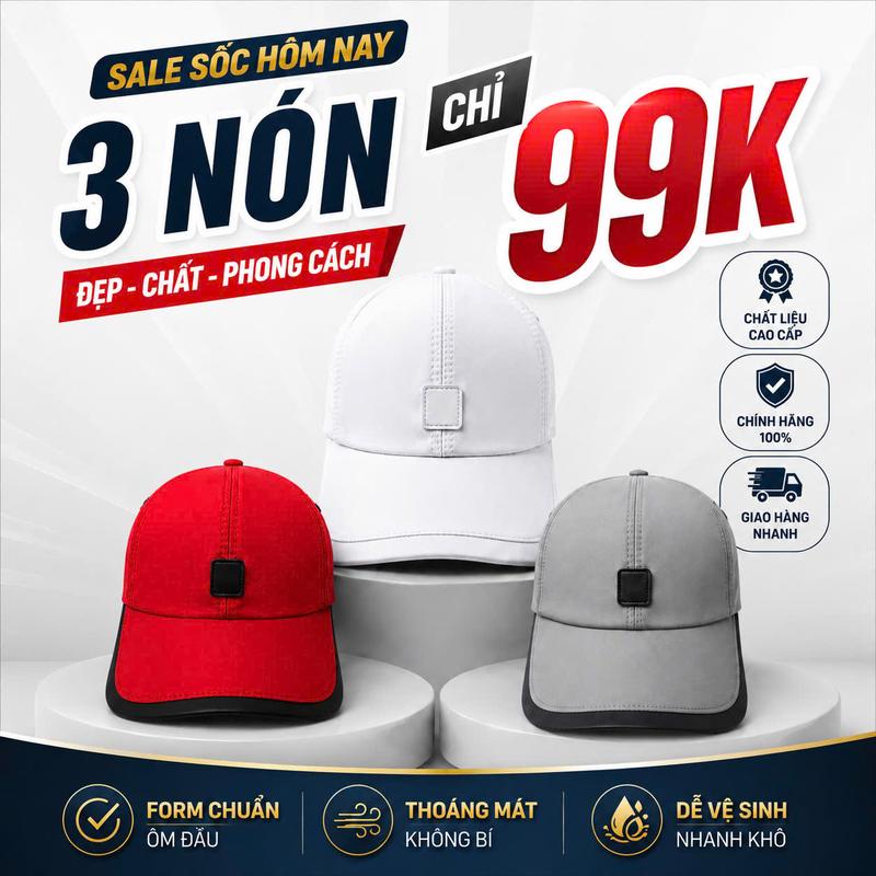 Combo 3 mũ lưỡi trai chất vải gió dù,logo vuông dập vâng sắc nét,mũ form chuẩn phù hợp với nhiều khuôn mặt