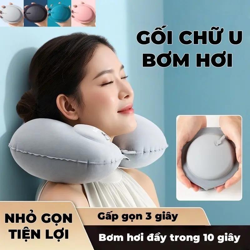 COMBO 2 Gối chữ U du lịch bơm hơi tự động TPU, nhấn nút dễ dàng, gọn nhẹ lý…