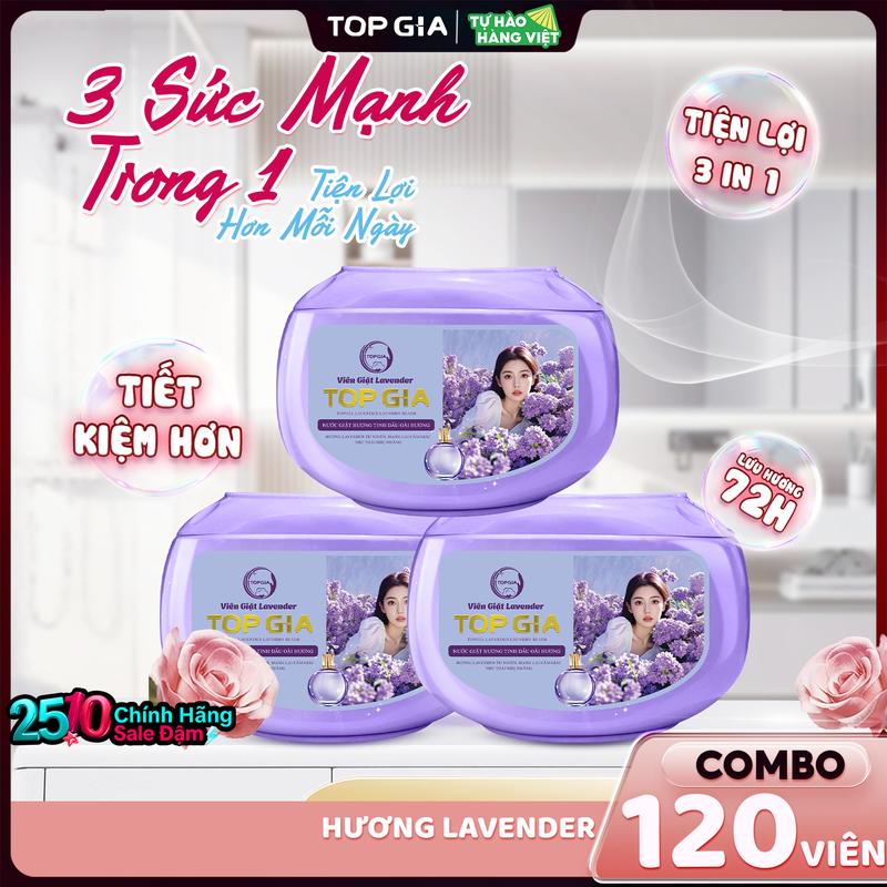   ĐA KHO  Combo 120 Viên Giặt Top Gia Hương Lavender - Dạng hộp tiện lợi hương thơm hoa hồng lavender dịu nhẹ 72h lưu hương dịu nhẹ an toàn cho da làm sạch tốt làm bền màu quần áo 400g  10gx40 Viên  - Làm Sạch NTH 