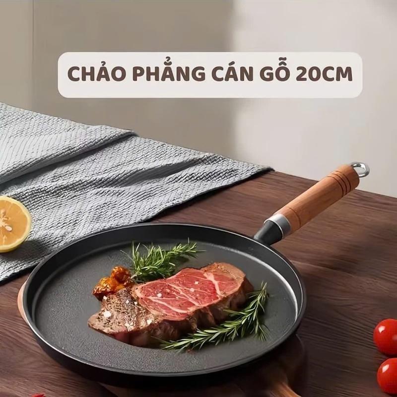 Cháo Gang Chông Dính Đúc Nguyên Khôi Size 20cm Tay Cầm Cán Gỗ Cao Cấp