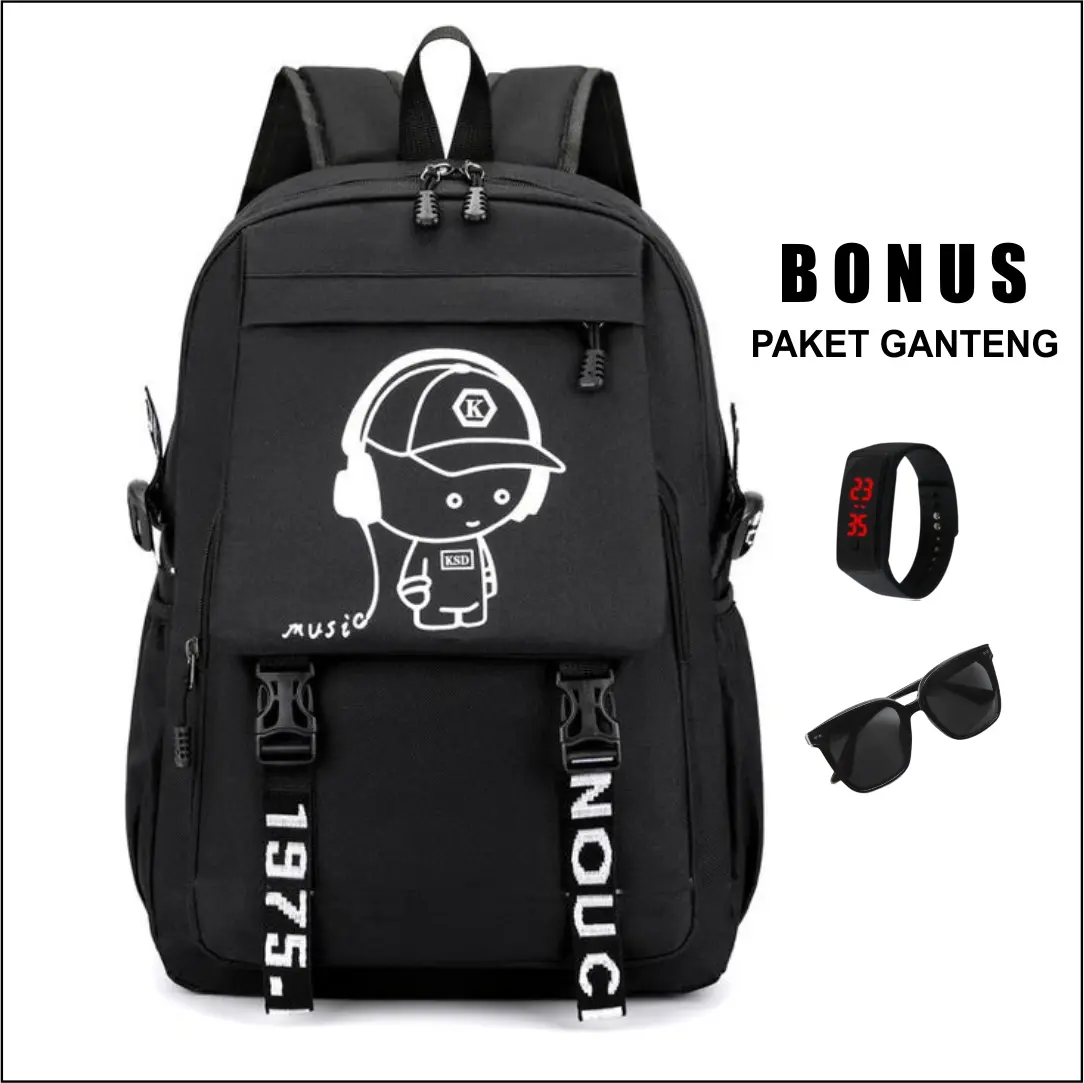 ELZAM - TAS RANSEL SEKOLAH COWOK simpel (COD)/ LOGO Music, tas gendong bahan kanvas,Tas anak SD/SMP/SMA, Multifungsi Pria