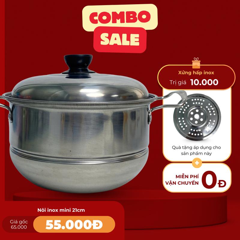 Nồi inox 21cm tặng kèm xửng hấp tiện lợi nồi hấp inox mini dùng được trên bếp từ