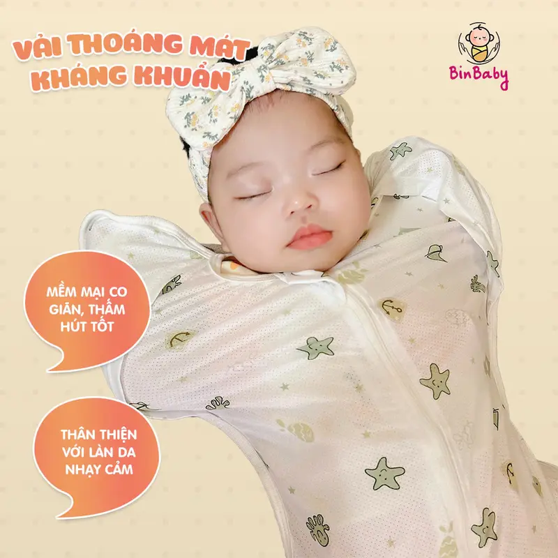 Nhộng chũn mở tay Binbaby cho bé – Vải thoáng khí co giãn 4 chiều – Giúp bé ngủ ngon, giảm giật mình 2