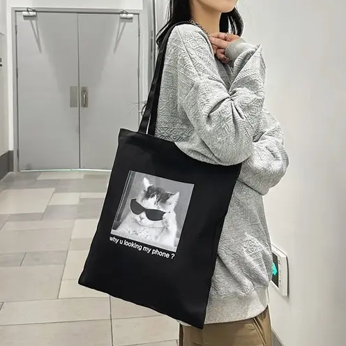 Women's bag canvas cat tote bag with personalized shoulder bag foldable handbag shopping bag reusable large capacity neutral