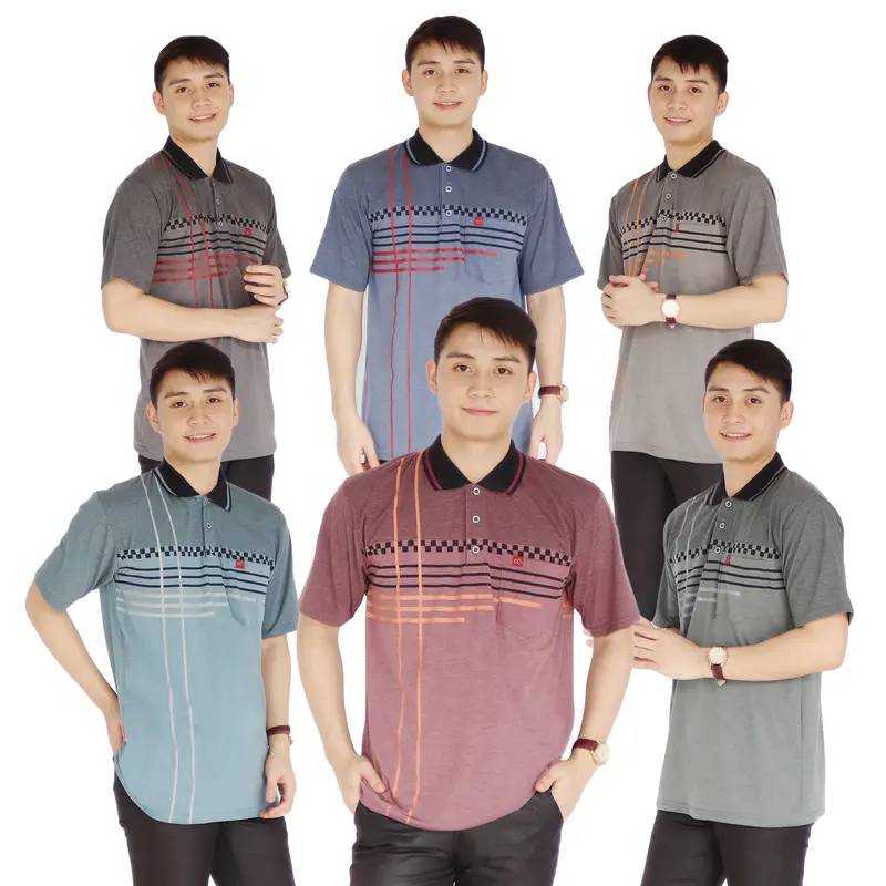 Sc - Baju Katun Motif Batik Lengan Pendek Pria Dewasa Distro - Kaos Saku Kerah Polo Atasan Cowok Santai Abu Panjang 1