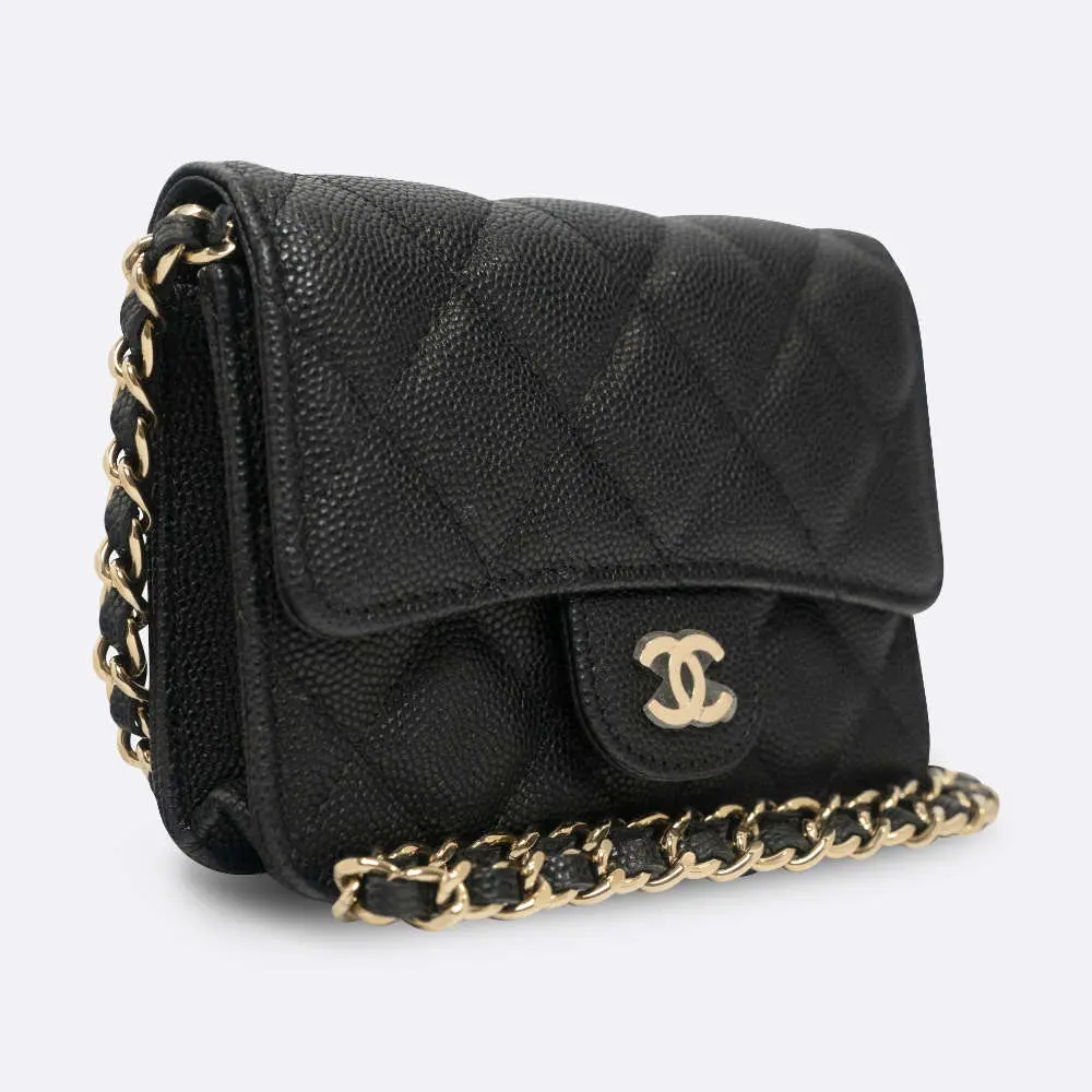 CHANEL CARD ON CHAIN MICRO MINI BLACK CAVIAR