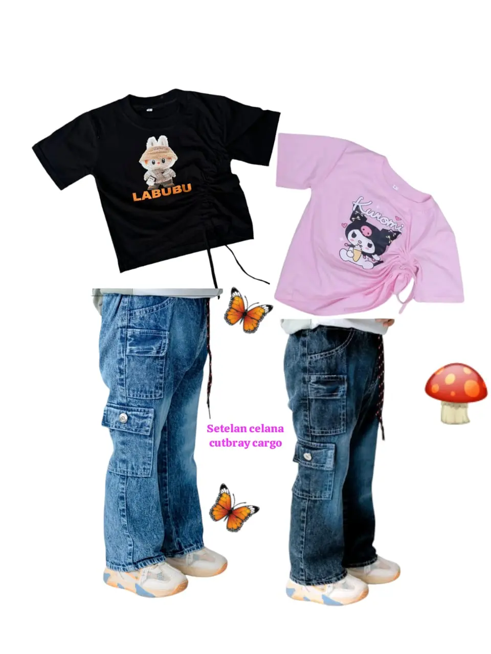 Setelan celana jeans cutbray cargo anak perempuan kekinian