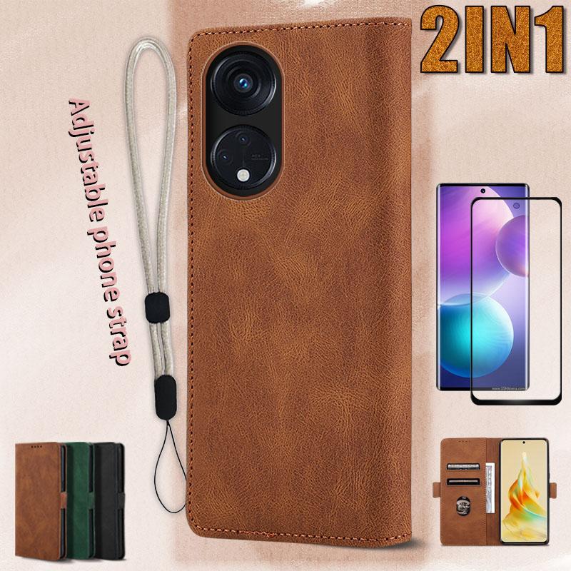 Bao da nắp gập 2 trong 1 cho OPPO Reno 8T 5G, ví, khe cắm thẻ, vỏ có bảo vệ màn hình bằng gốm và dây buộc điện thoại có thể điều chỉnh