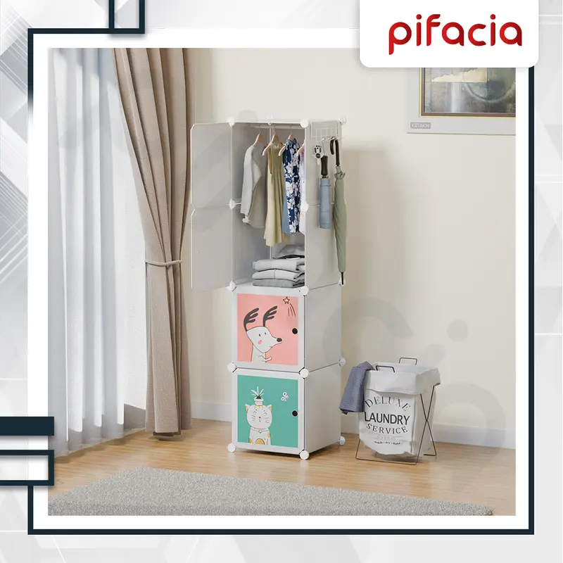 PIFACIA Lemari Pakaian Anak Baby 4 Susun Dengan Gantungan Portable Kabinet Penyimpanan Serbaguna 2