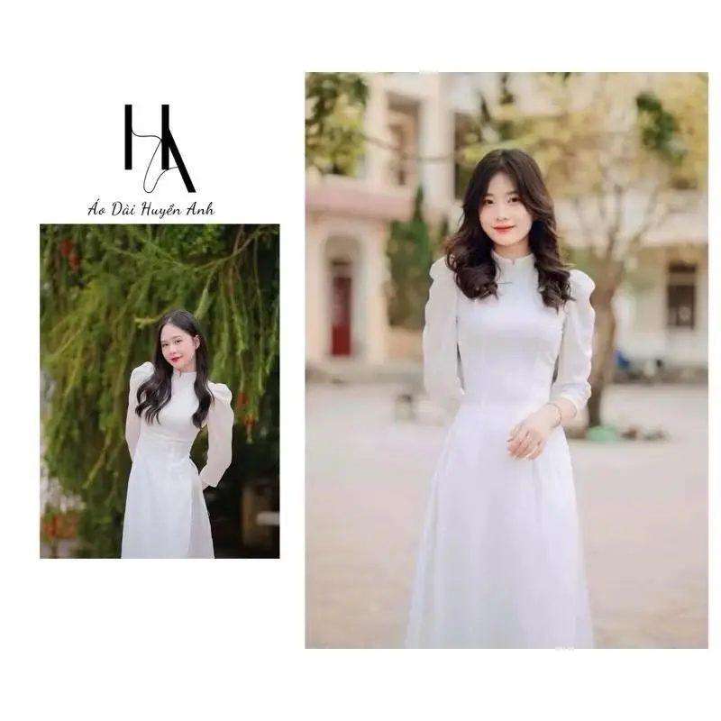￼Áo dài trắng tay bồng 4 tà,cổ áo đính ngọc, học sinh,chụp kỷ yếu, đồng phục đẹp- Áo Dài Huyền Anh