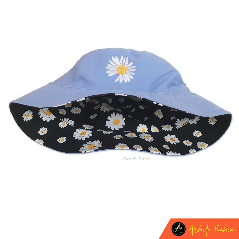 Topi Bucket Dua Sisi Anti Uv Motif Bordir dan Sablon Bunga Daisy Bahan Drilll / Daisy 002 anak dewasa 1