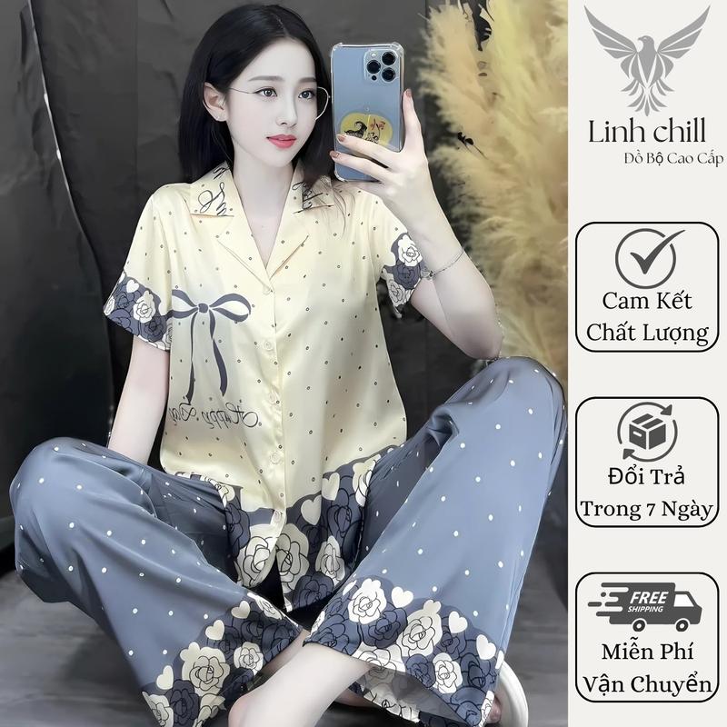 Bộ Pijama Nữ Lụa Cao Cấp Cộc Dài Chất Lụa Cát Mềm Mịn Màu Sắc Cá Tính Trẻ Trung Họa Tiết Nơ In 3D Size 40-68kg
