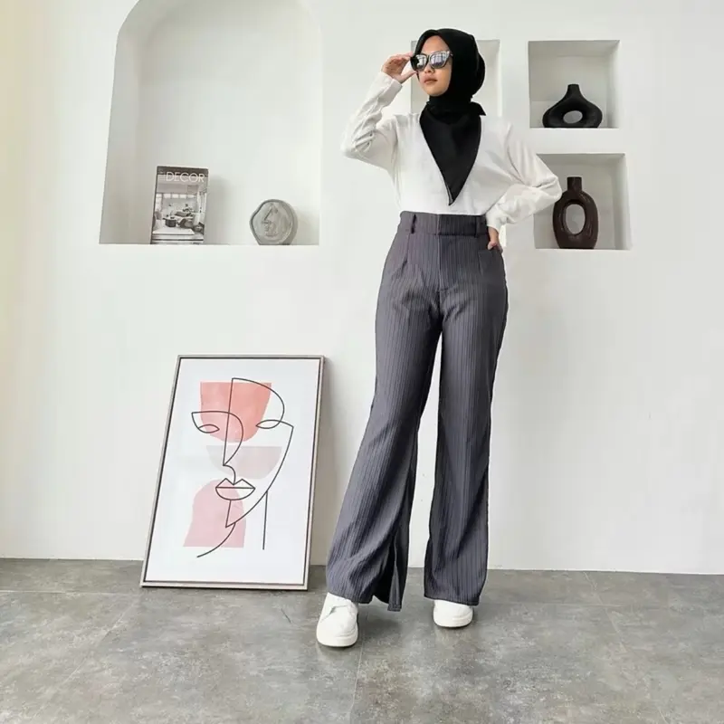 CELANA CUTBRAY KNIT Premium Highwaist Panjang Nyaman Wanita - Motif Knit Elegan flare pants 7
