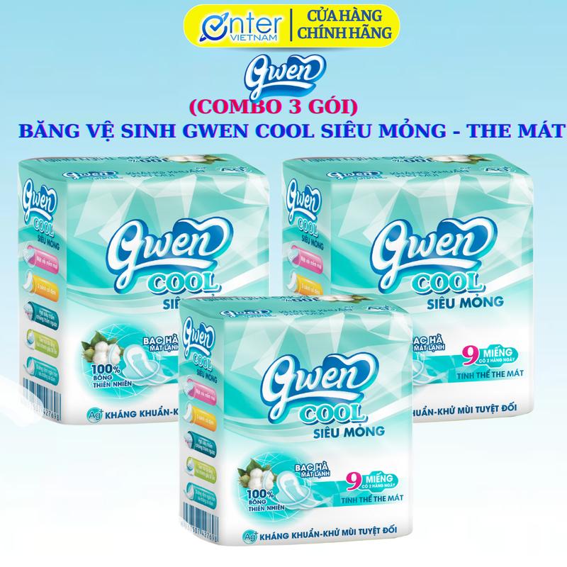 (Combo 3 Gói) Băng Vệ Sinh Gwen Cool Siêu Mỏng, Siêu Thấm, 1 gói 9 miếng (7 ban ngày 24 cm và 2 hàng ngày 16 cm) Bạc Hà Mát Lạnh, Trà Xanh khử Mùi Tampon