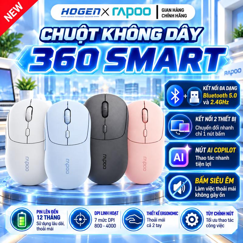 Chuột Không Dây Công Thái Học RAPOO M360 Smart Kết Nối Bluetooth 5.0 + 2.4GHz, Độ Nhạy Lên Tới 4000 DPI, Điều Khiển AI Thông Minh, Silent Click Siêu Êm