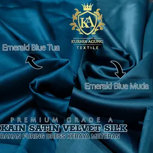 Kain Satin Velvet Premium Warna EMERALD BLUE MUDA TUA Super Silk Bahan Furing Dress Kebaya Meteran