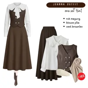One Set Outfit Vintage | Blouse Pita Putih, Vest Vintage Brownies, Rok Coklat, Topi Baret - GGO73