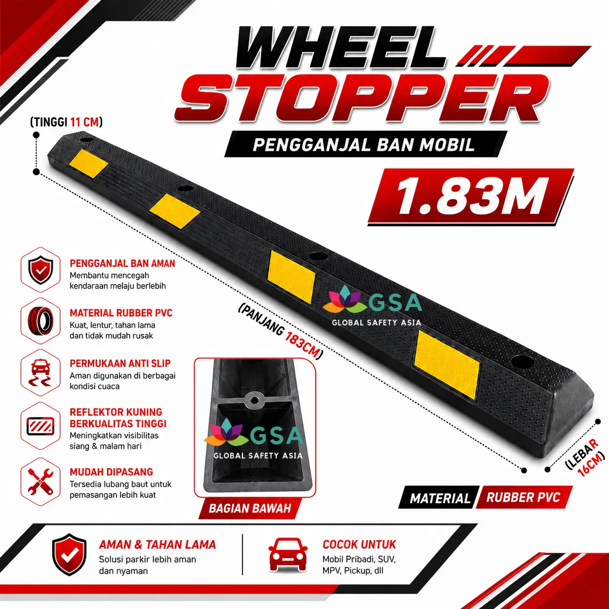 Wheel Stopper Car Rubber Ganjal Ban Mobil Kuning Hitam Karet 183 Cm