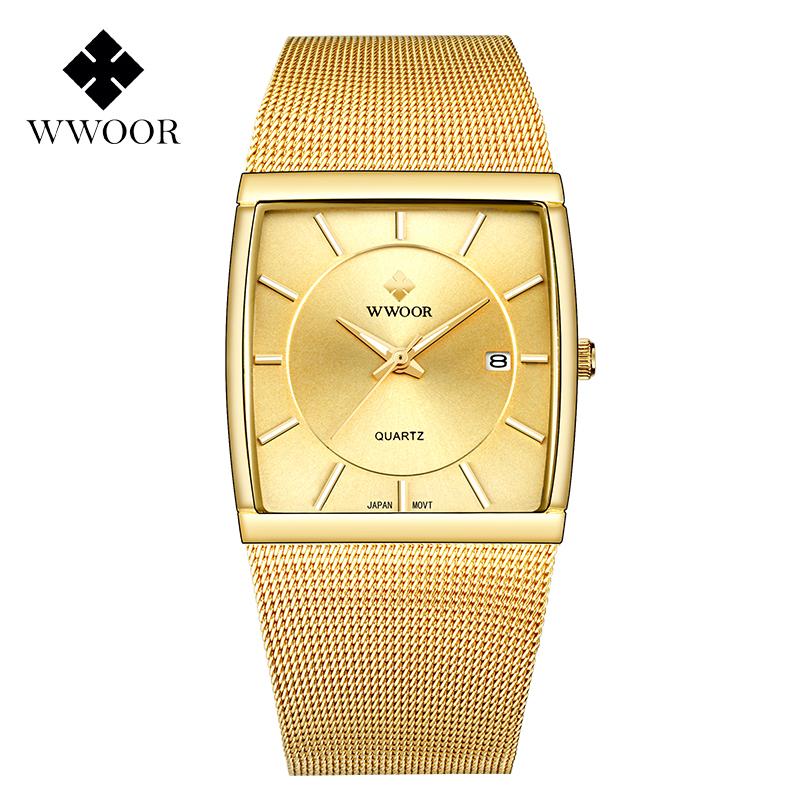 WWOOR-Đồng Hồ Vàng Sang Trọng Cho Nam, Thương Hiệu Hàng Đầu Watch , Hình Vuông, Thạch Anh Nhật Bản, Lưới Thép Mỏng, Không Thấm Nước, Thể Thao, Ngày Tự Động, Đồng Hồ Đeo Tay-8831