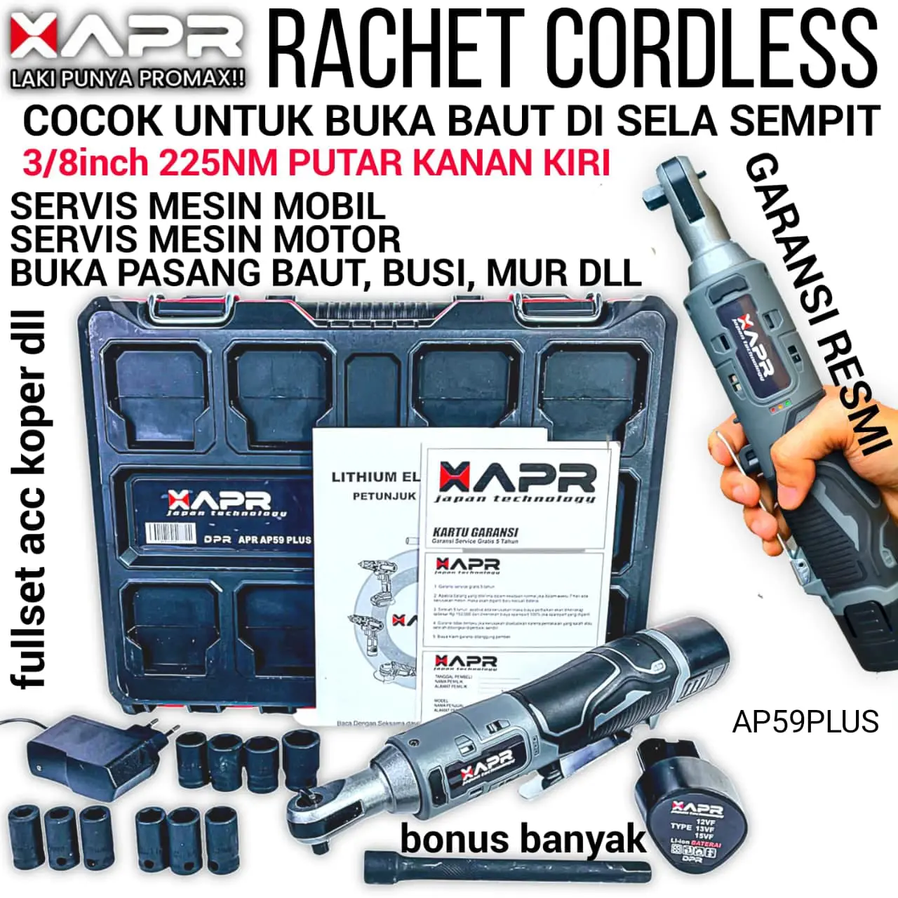 APR RACHET CORDLESS 3/8inch 225nm untuk baut 8 - 17 AP59PLUS alat buka baut mesin motor mobil