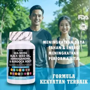 VIRAL WXW Sea Moss, Minyak  Jintan Hitam, Ashwagandha & Kapsul Akar Burdock - Suplemen Makanan Vitamin & Mineral All-in-One - Meningkatkan Energi dan Performa, Memperbaiki Tidur, Menurunkan Kadar Kortisol - 30 Kapsul dengan Sertifikasi FDA & GMP