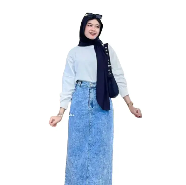 Rok Jeans Skirt Theana span panjang wanita Bawahan Dewasa Denim Casual Maxi Karet Variasi Kancing Samping