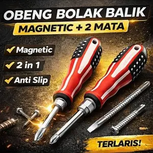 Obeng Bolak Balik 4 Inch Magnetic + 2 Mata / Obeng Serbaguna Gagang Karet Anti Slip