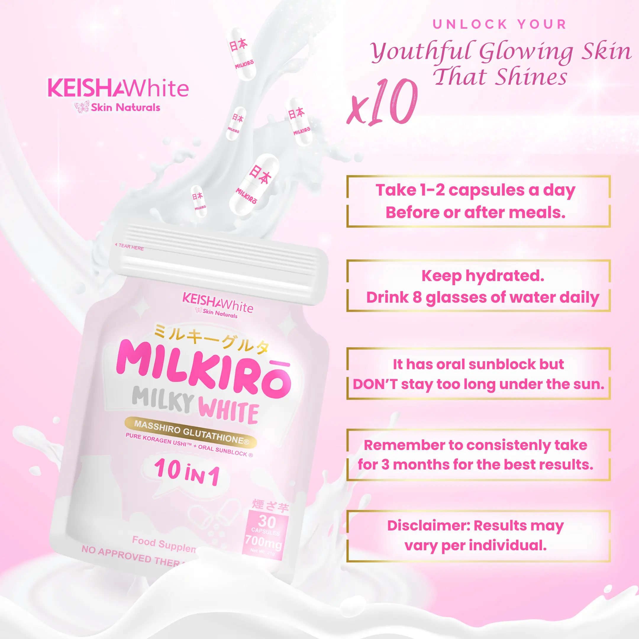 2 PACKS: MILKIRO MILKY WHITE 10in1 Glutathione Capsules with Collagen, Oral  Sunblock, Vitamin I Whitens, Brightens,