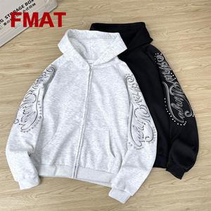 FMAT メンズ フーディー 春秋 アメリカンレトロ スタッズ付き刺繍 フーディー