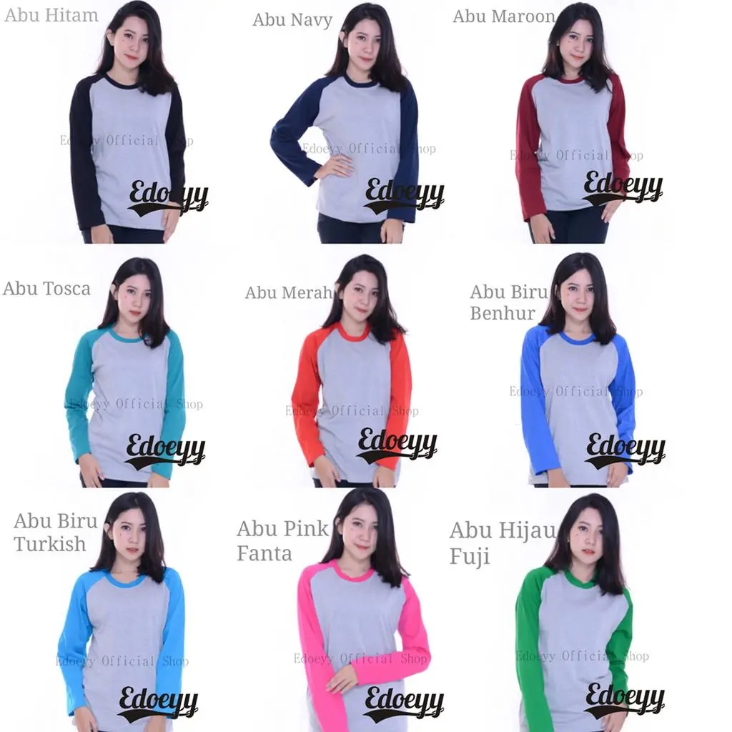 Kaos Raglan Wanita Lengan Panjang - Baju Reglan Cewek Polos - Ukuran S M L XL