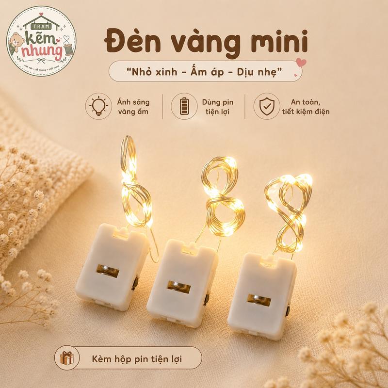 Đèn Vàng Mini LED Dùng Pin, Đèn Led Ánh Sáng Vàng Ấm, Đèn Decor Hoa Kẽm Nhung, Quà Tặng